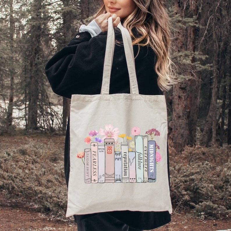 Taylor Swift Albums As Books Flower Canvas Tote Bag